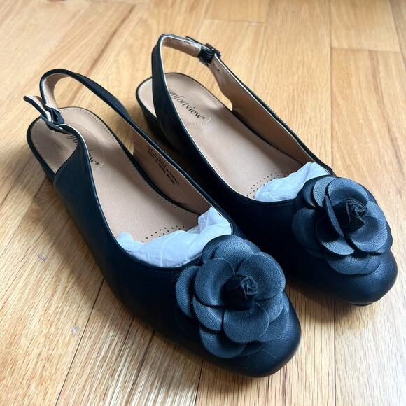 Comfort View Jessa Sling Back Round Toe Wedge in Black Sz 9 Floral Faux Leather - Picture 1 of 6